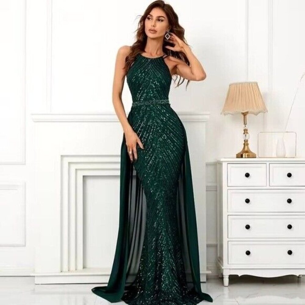 Green, Round Neck, Draped Skirt, Contrast Sequined Mermaid Gown